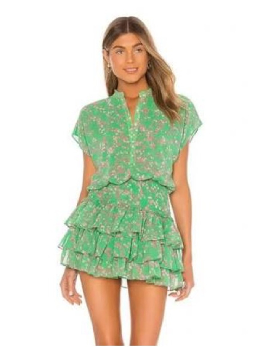 Misa Los Angeles Green Floral Ruffled Mini Dress